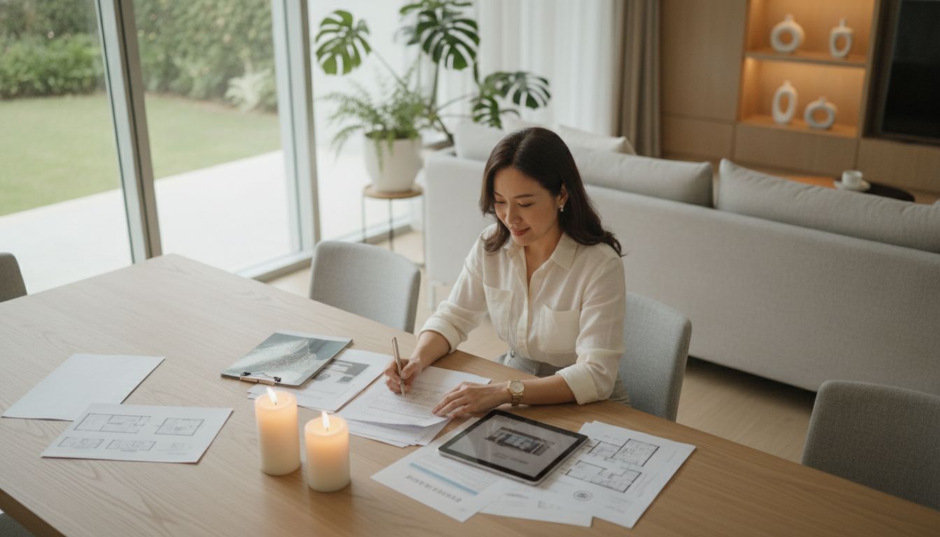 Derek Woo reviewing property documents in a bright Singapore home