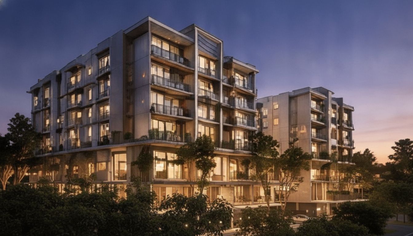 Modern apartment building at dusk with warm lighting