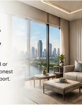 Modern apartment interior with city skyline view through large windows
