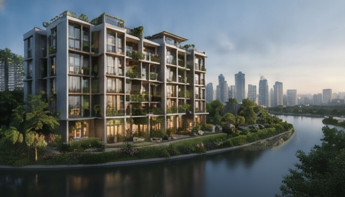 Modern condominium building with city skyline and water