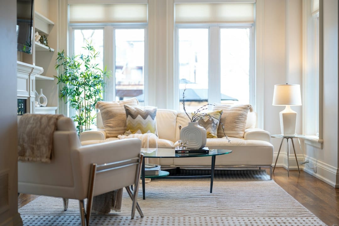 Real estate agent consulting with a homeowner in a bright living room